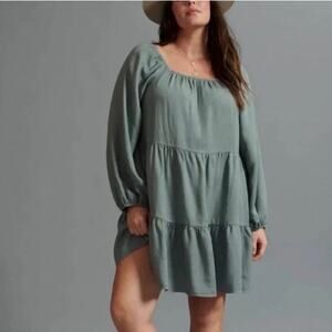 Amadi Anthropologie Verity Tiered Tunic Dress Women’s 1X Green Boho‎ Romantic